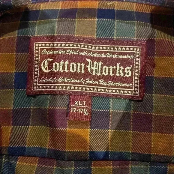 Cotton Works long sleeve dress shirt size XLT neck 17-17.5 color Brown Plaid - Picture 2 of 5